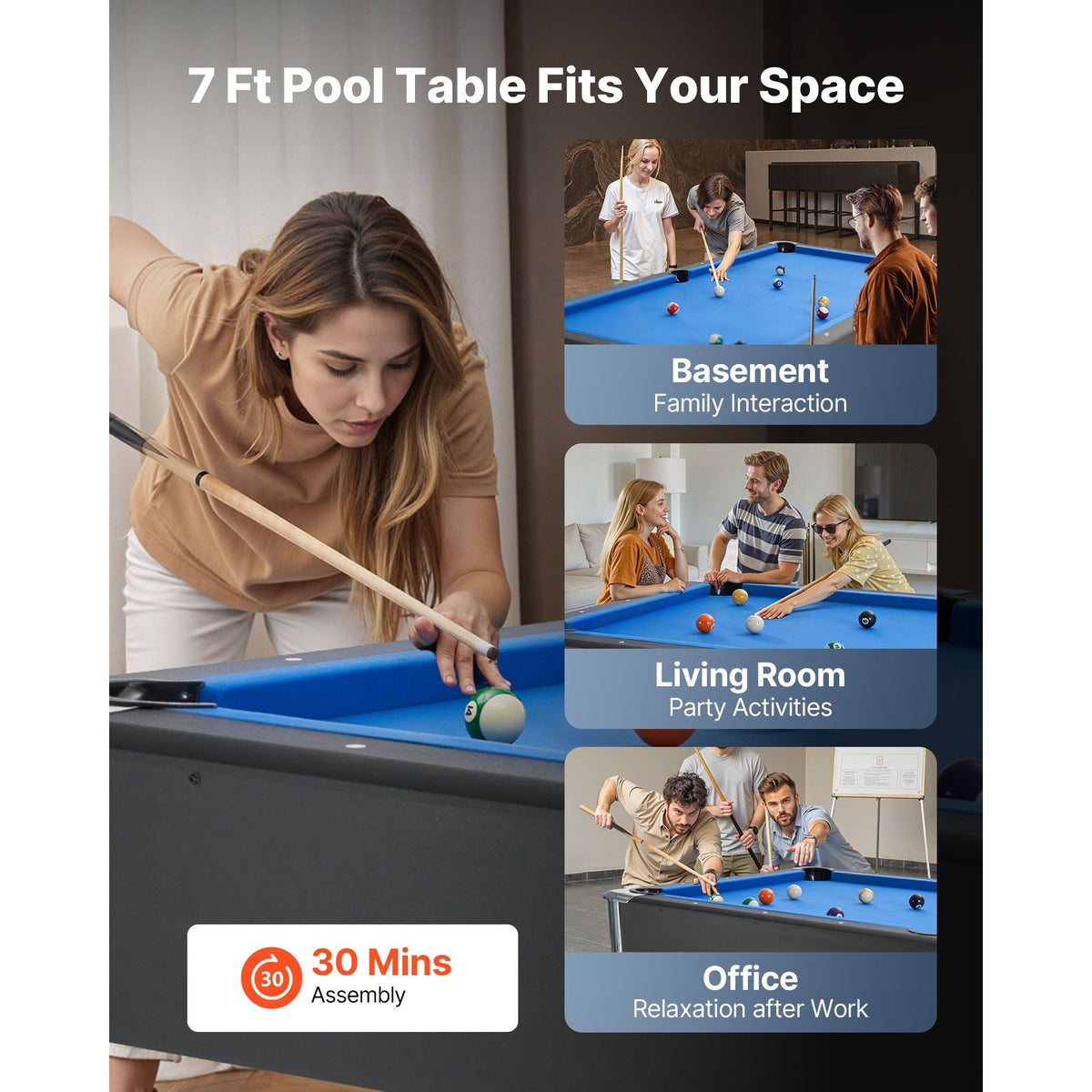 Pool Table, 7 ft Portable Billiards Tables, Adjustable Feet Stable Game Table, Entertainment Set Includes Ball, Cue, Rack, Chalk and Brush, Black with Bule Cloth, for Family Use, Recreation Room