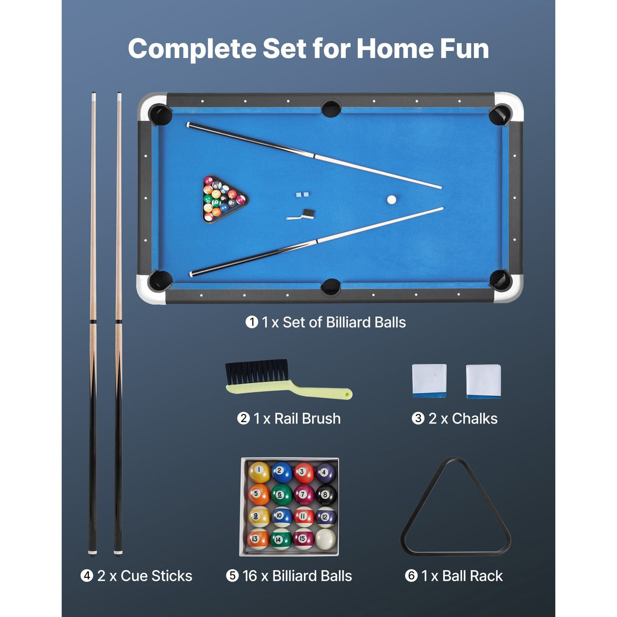 Pool Table, 7 ft Portable Billiards Tables, Adjustable Feet Stable Game Table, Entertainment Set Includes Ball, Cue, Rack, Chalk and Brush, Black with Bule Cloth, for Family Use, Recreation Room