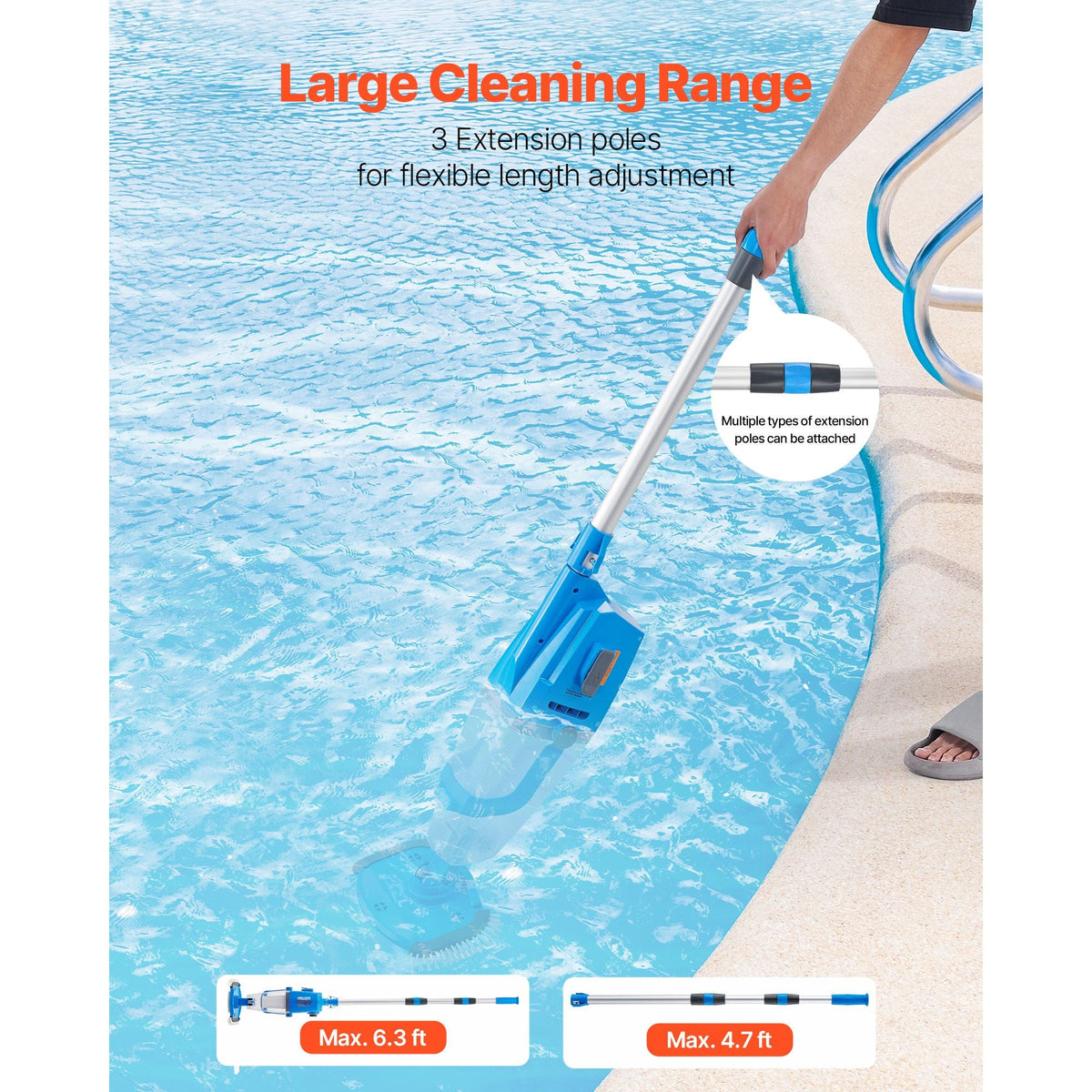 Pool Vacuum, 26 GPM Handheld Cordless Hot Tub Vacuum with Extension Pole, for Deep Cleaning & Strong Suction, Rechargeable Pool Cleaner, Running up to 1Hour, for Above Ground/Inground Pool Spas