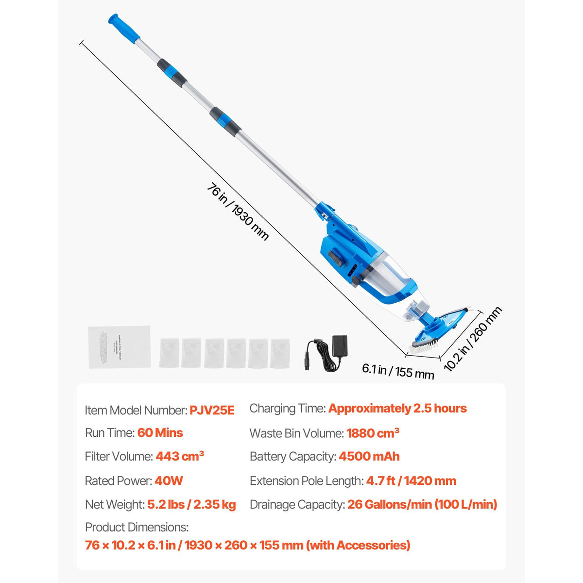 Pool Vacuum, 26 GPM Handheld Cordless Hot Tub Vacuum with Extension Pole, for Deep Cleaning & Strong Suction, Rechargeable Pool Cleaner, Running up to 1Hour, for Above Ground/Inground Pool Spas