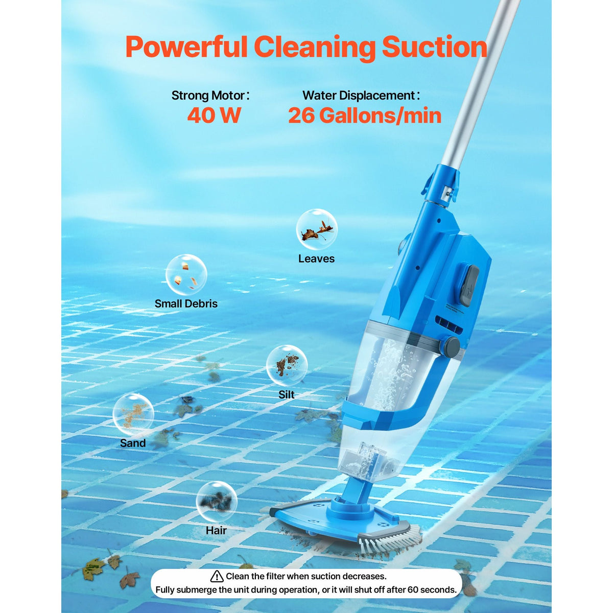 Pool Vacuum, 26 GPM Handheld Cordless Hot Tub Vacuum with Extension Pole, for Deep Cleaning & Strong Suction, Rechargeable Pool Cleaner, Running up to 1Hour, for Above Ground/Inground Pool Spas