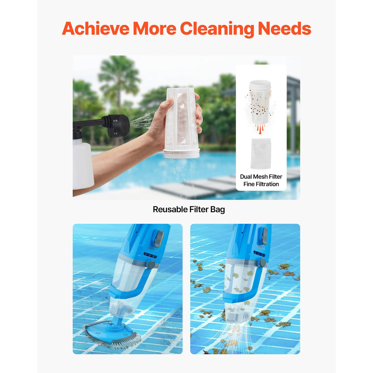 Pool Vacuum, 26 GPM Handheld Cordless Hot Tub Vacuum with Extension Pole, for Deep Cleaning & Strong Suction, Rechargeable Pool Cleaner, Running up to 1Hour, for Above Ground/Inground Pool Spas