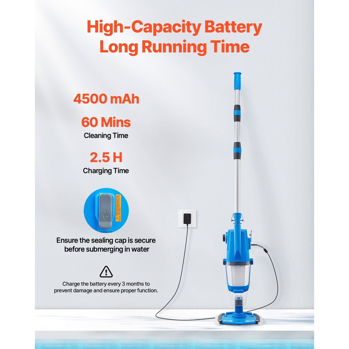 Pool Vacuum, 26 GPM Handheld Cordless Hot Tub Vacuum with Extension Pole, for Deep Cleaning & Strong Suction, Rechargeable Pool Cleaner, Running up to 1Hour, for Above Ground/Inground Pool Spas