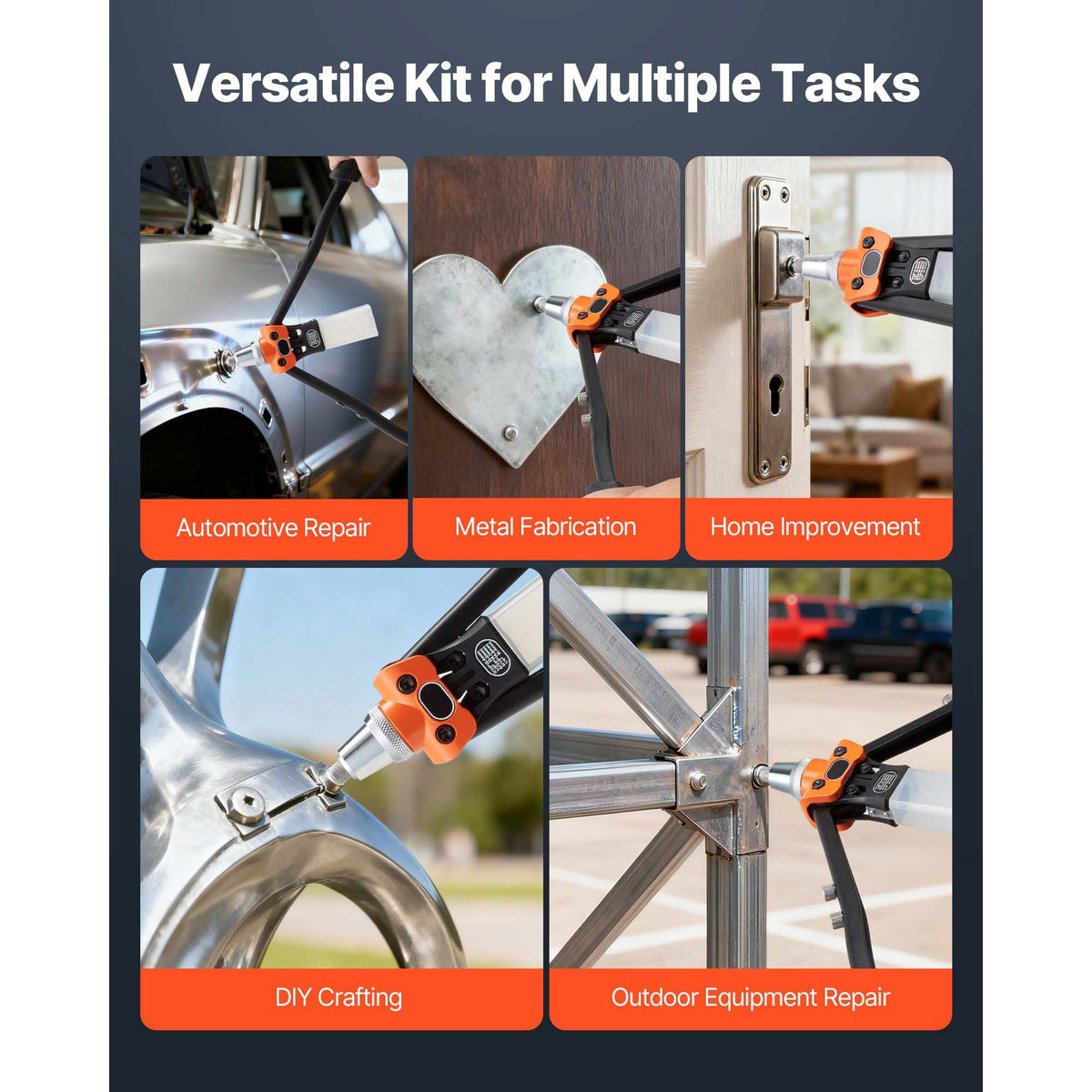Pop Rivet Gun Kit, with 230 Blind Rivets, Two-Handed Riveter with 5 Interchangeable Nosepieces, 5 Drill Bits, and a Carrying Case, Manual Riveting Tool for Metal, Automotive, Home, and DIY