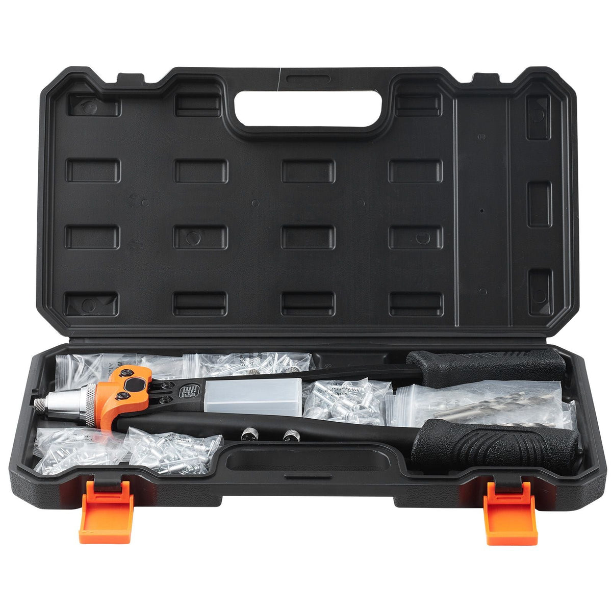 Pop Rivet Gun Kit, with 230 Blind Rivets, Two-Handed Riveter with 5 Interchangeable Nosepieces, 5 Drill Bits, and a Carrying Case, Manual Riveting Tool for Metal, Automotive, Home, and DIY