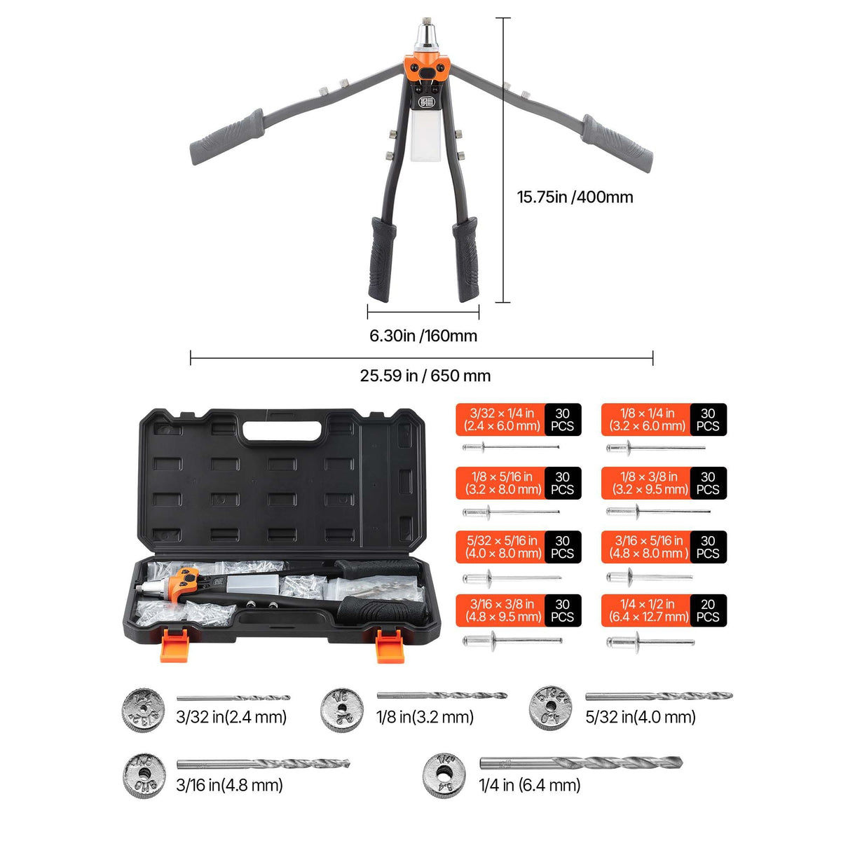 Pop Rivet Gun Kit, with 230 Blind Rivets, Two-Handed Riveter with 5 Interchangeable Nosepieces, 5 Drill Bits, and a Carrying Case, Manual Riveting Tool for Metal, Automotive, Home, and DIY