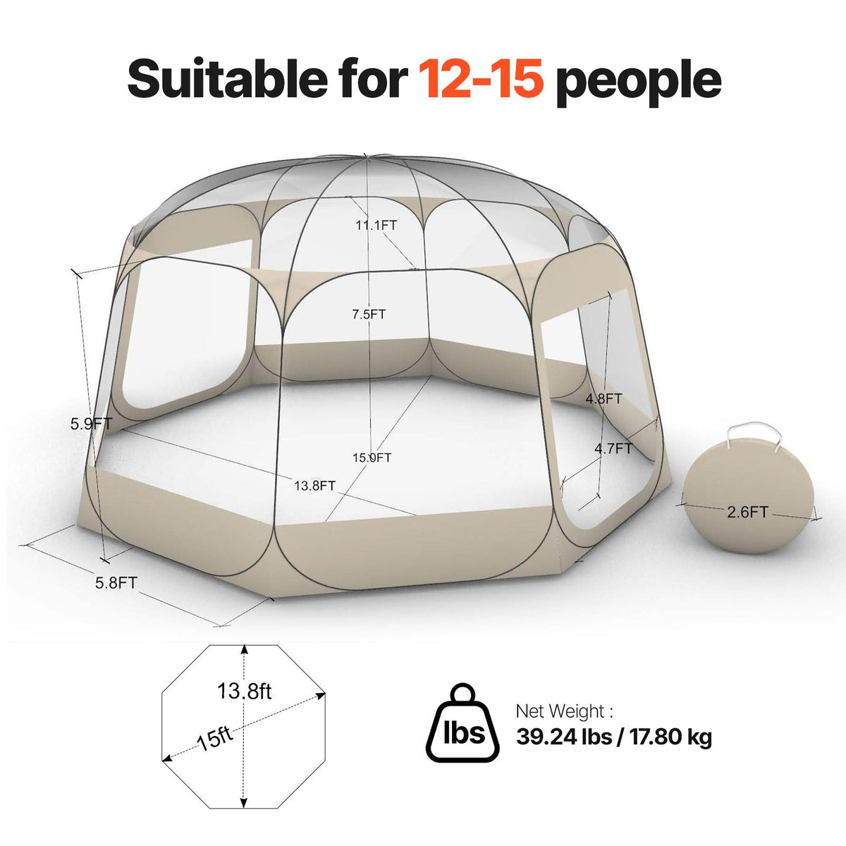 Pop up Bubble Tent, 15 x 13.8 ft Waterproof & UV-Resistant, Clear Camping Tent Shelter, Outdoor Garden Dome Igloo Tents with Windows, 540° Panoramic View, for 12-15 Persons Patio Backyard