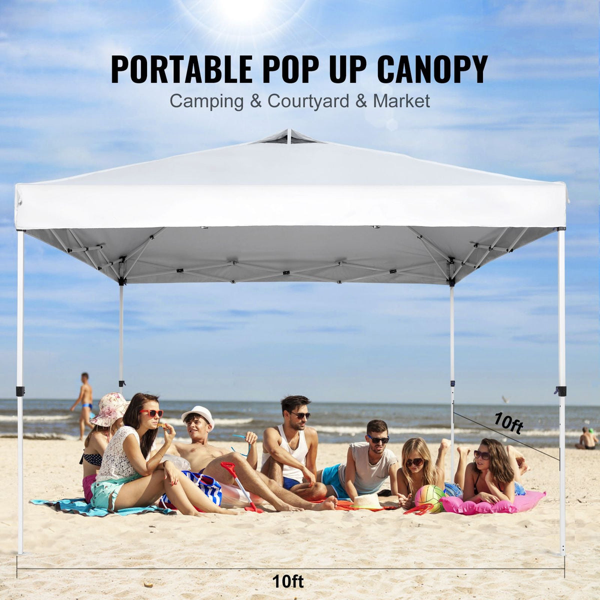 Pop Up Canopy Tent, 10 x 10 ft, 250 D PU Silver Coated Tarp, with Portable Roller Bag and 4 Sandbags, Waterproof and Sun Shelter Gazebo for Outdoor Party, Camping, Commercial Events, White