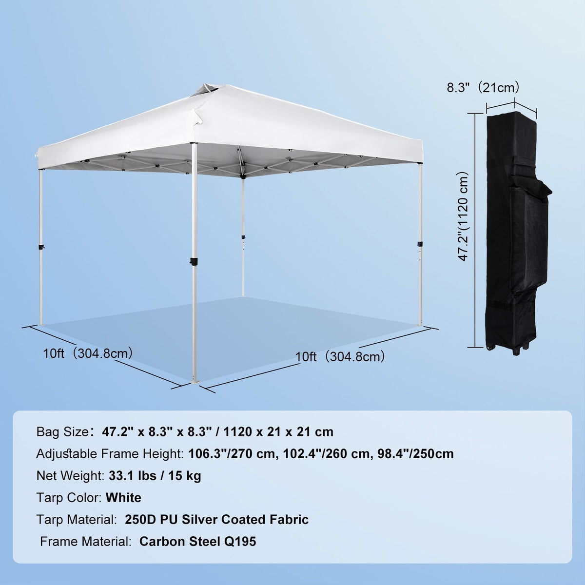 Pop Up Canopy Tent, 10 x 10 ft, 250 D PU Silver Coated Tarp, with Portable Roller Bag and 4 Sandbags, Waterproof and Sun Shelter Gazebo for Outdoor Party, Camping, Commercial Events, White