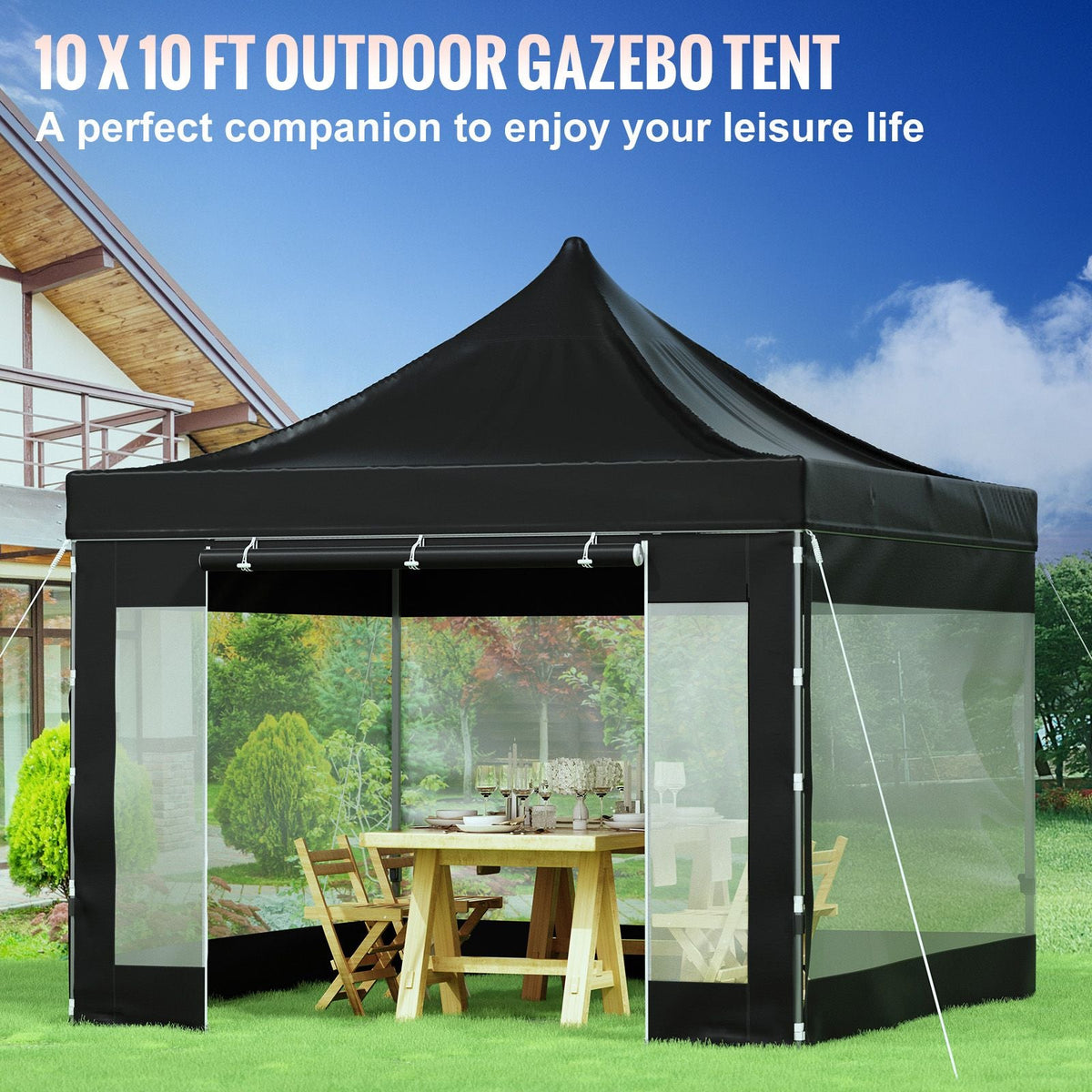 Pop Up Canopy Tent, 10 x 10 FT, Outdoor Patio Gazebo Tent with Removable Sidewalls and Wheeled Bag, UV Resistant Waterproof Instant Gazebo Shelter for Party, Garden, Backyard, Black