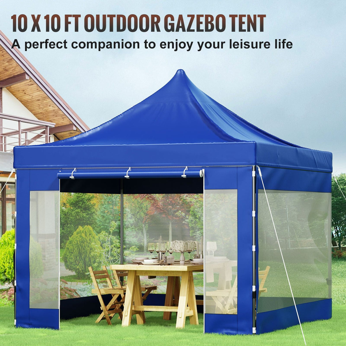 Pop Up Canopy Tent, 10 x 10 FT, Outdoor Patio Gazebo Tent with Removable Sidewalls and Wheeled Bag, UV Resistant Waterproof Instant Gazebo Shelter for Party, Garden, Backyard, Blue