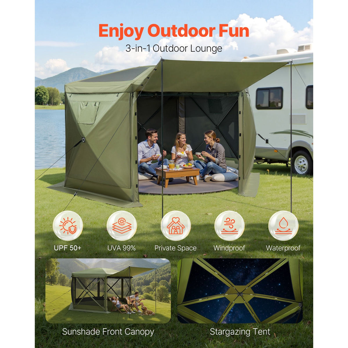 Pop up Gazebo Screen Tent, 10 x 10 ft Large 6-Sided Camping Canopy Tent with Removable Top & Carry Bag, Quick-Set & Bite-Proof, Screen House Sun Shelter for 6-8 Persons Backyard Patio, Green