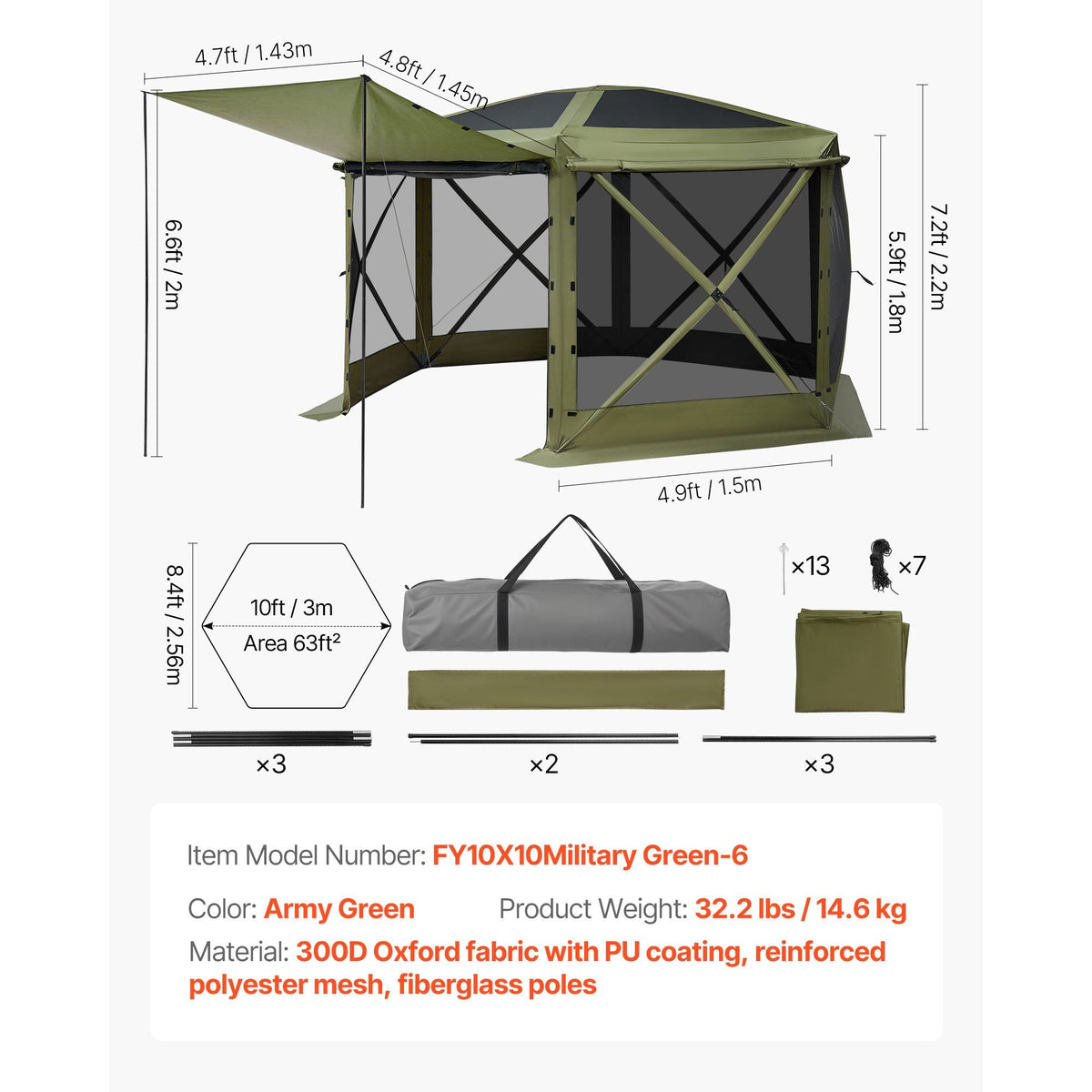 Pop up Gazebo Screen Tent, 10 x 10 ft Large 6-Sided Camping Canopy Tent with Removable Top & Carry Bag, Quick-Set & Bite-Proof, Screen House Sun Shelter for 6-8 Persons Backyard Patio, Green