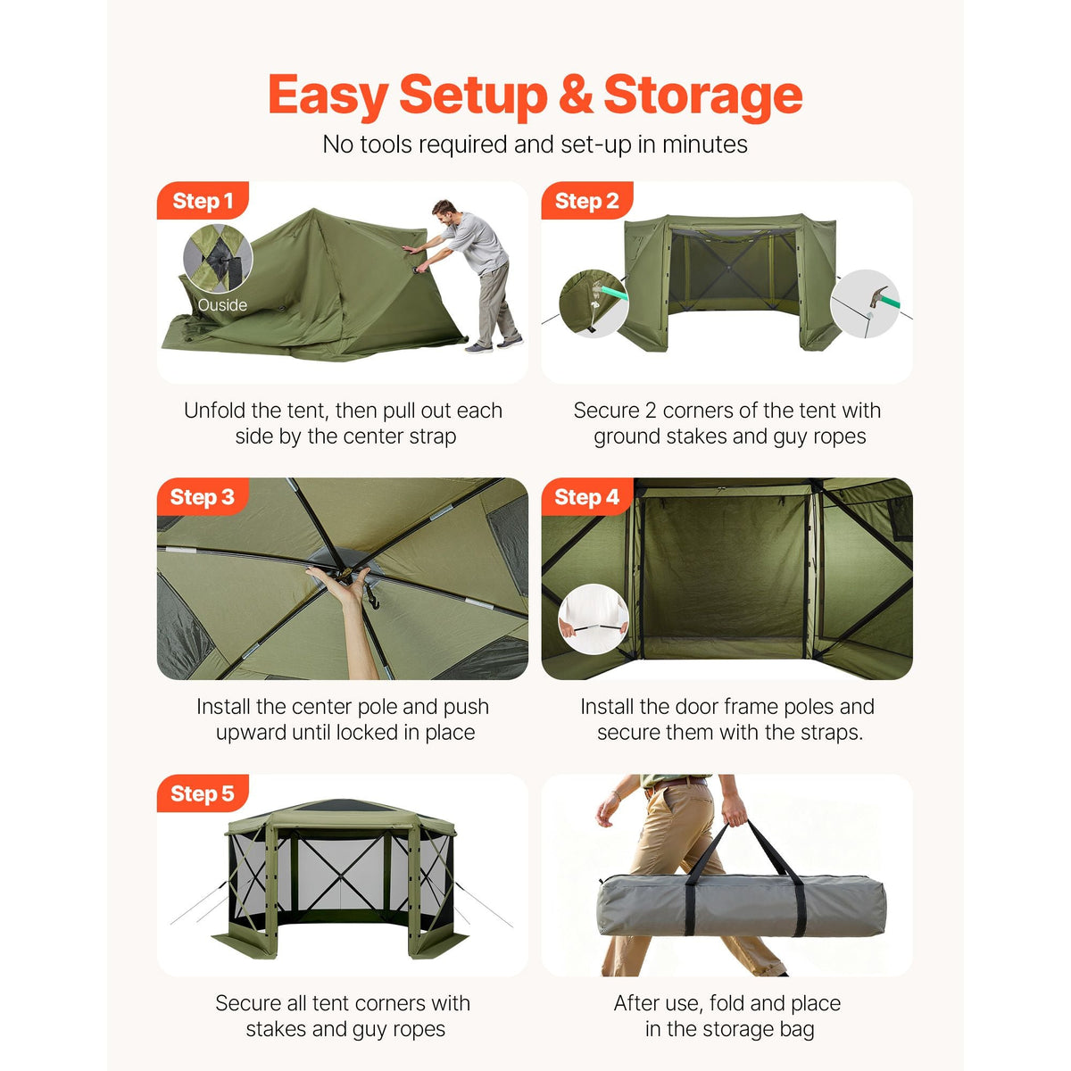 Pop up Gazebo Screen Tent, 10 x 10 ft Large 6-Sided Camping Canopy Tent with Removable Top & Carry Bag, Quick-Set & Bite-Proof, Screen House Sun Shelter for 6-8 Persons Backyard Patio, Green