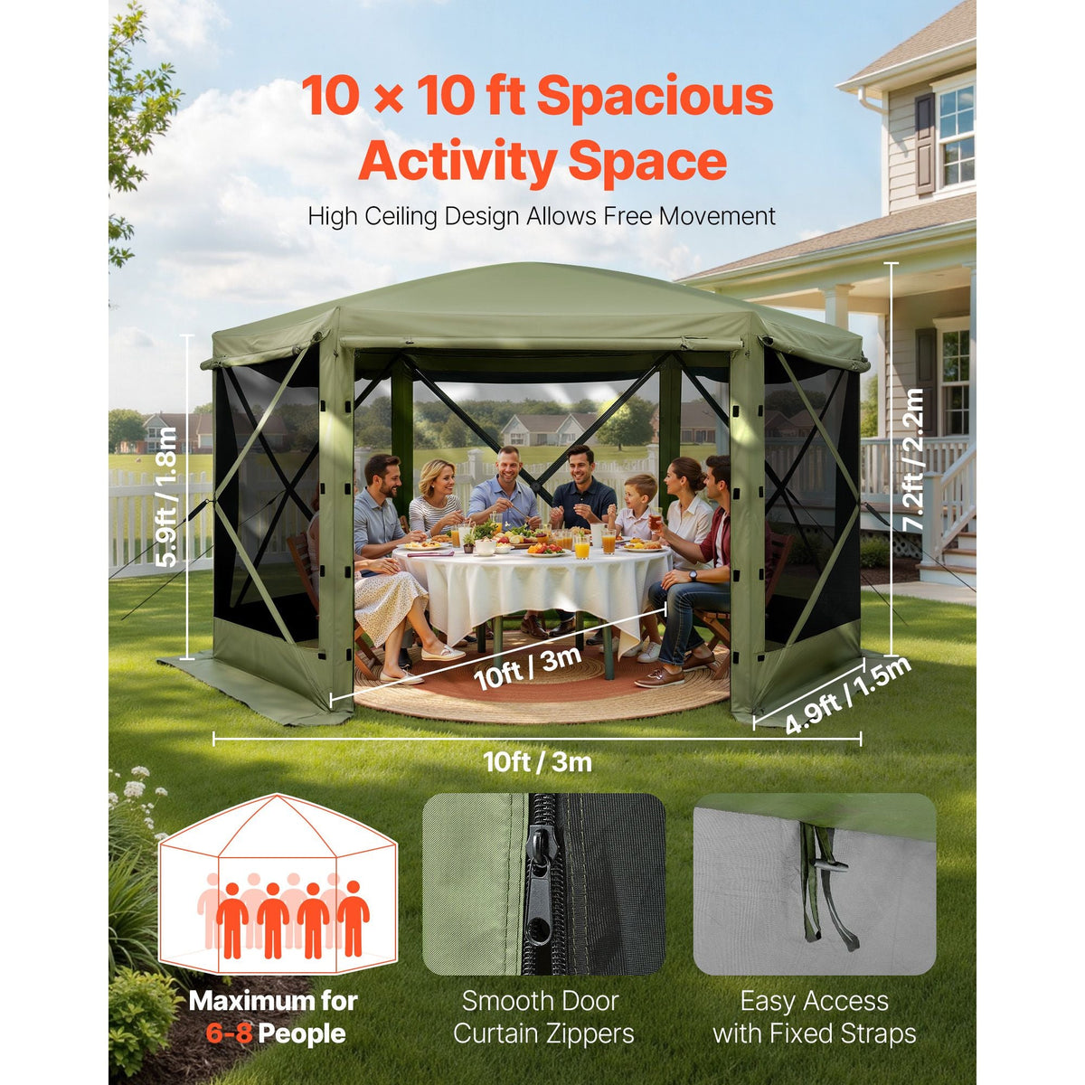 Pop up Gazebo Screen Tent, 10 x 10 ft Large 6-Sided Camping Canopy Tent with Removable Top & Carry Bag, Quick-Set & Bite-Proof, Screen House Sun Shelter for 6-8 Persons Backyard Patio, Green
