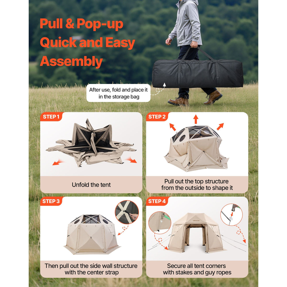 Pop up Gazebo Screen Tent, 12 x 12 ft, 13-Sided Spherical Camping Canopy Tent with Removable Top & Carry Bag, Quick-Set & Bite-Proof, Screen House Sun Shelter for 8-10 Persons, Beige
