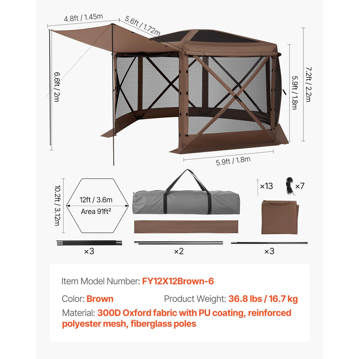 Pop up Gazebo Screen Tent, 12 x 12 ft Large 6-Sided Camping Canopy Tent with Removable Top & Carry Bag, Quick-Set & Bite-Proof, Screen House Sun Shelter for 8-10 Persons Backyard Patio, Brown