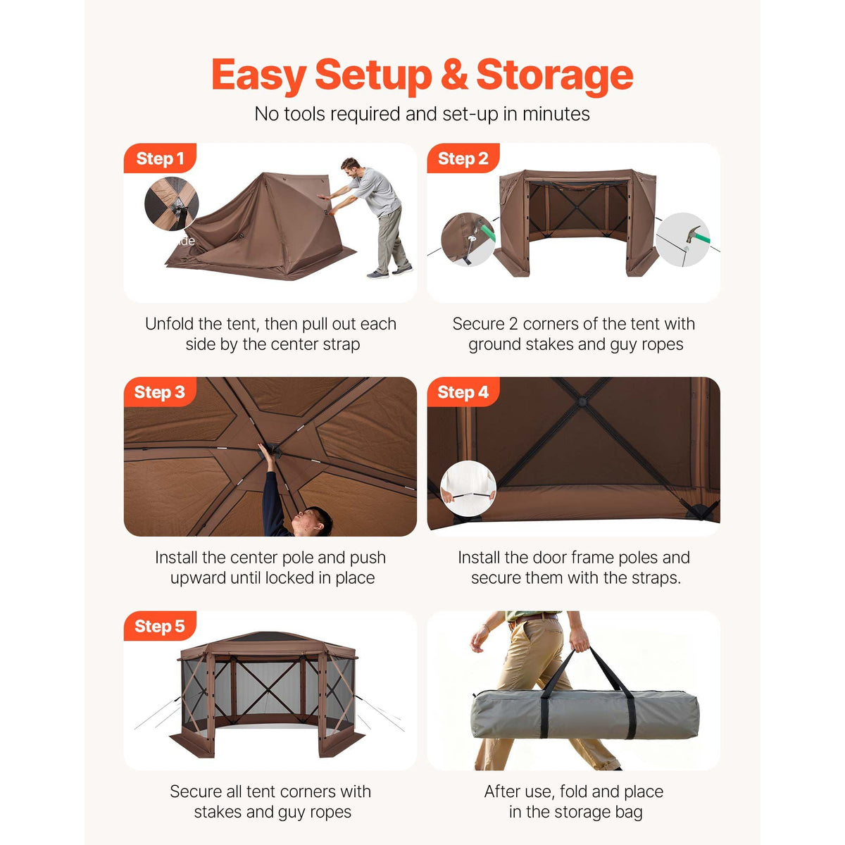 Pop up Gazebo Screen Tent, 12 x 12 ft Large 6-Sided Camping Canopy Tent with Removable Top & Carry Bag, Quick-Set & Bite-Proof, Screen House Sun Shelter for 8-10 Persons Backyard Patio, Brown
