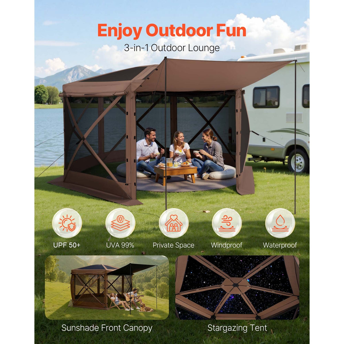 Pop up Gazebo Screen Tent, 12 x 12 ft Large 6-Sided Camping Canopy Tent with Removable Top & Carry Bag, Quick-Set & Bite-Proof, Screen House Sun Shelter for 8-10 Persons Backyard Patio, Brown