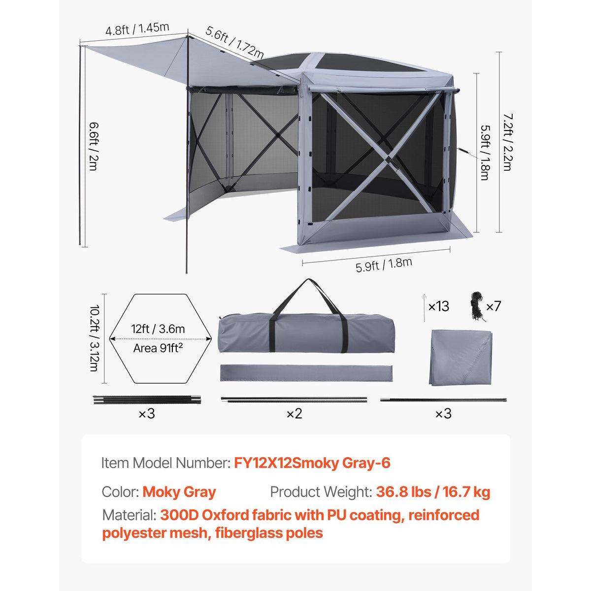 Pop up Gazebo Screen Tent, 12 x 12 ft Large 6-Sided Camping Canopy Tent with Removable Top & Carry Bag, Quick-Set & Bite-Proof, Screen House Sun Shelter for 8-10 Persons Backyard Patio, Grey