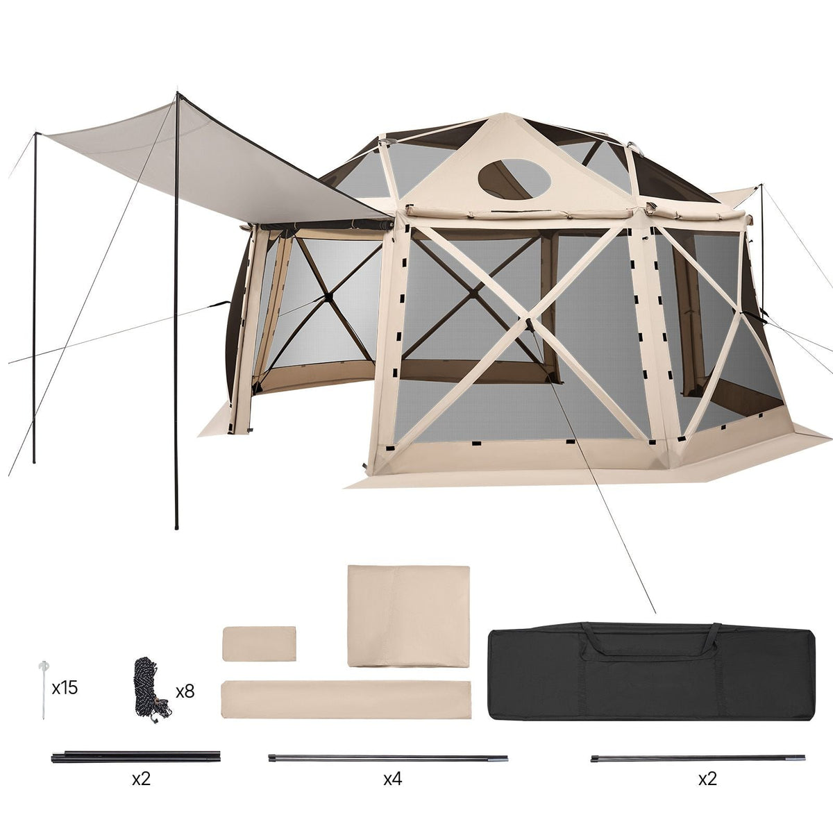 Pop up Gazebo Screen Tent, 15 x 15 ft, 13-Sided Spherical Camping Canopy Tent with Removable Top & Carry Bag, Quick-Set & Bite-Proof, Screen House Sun Shelter for 12-15 Persons, Beige