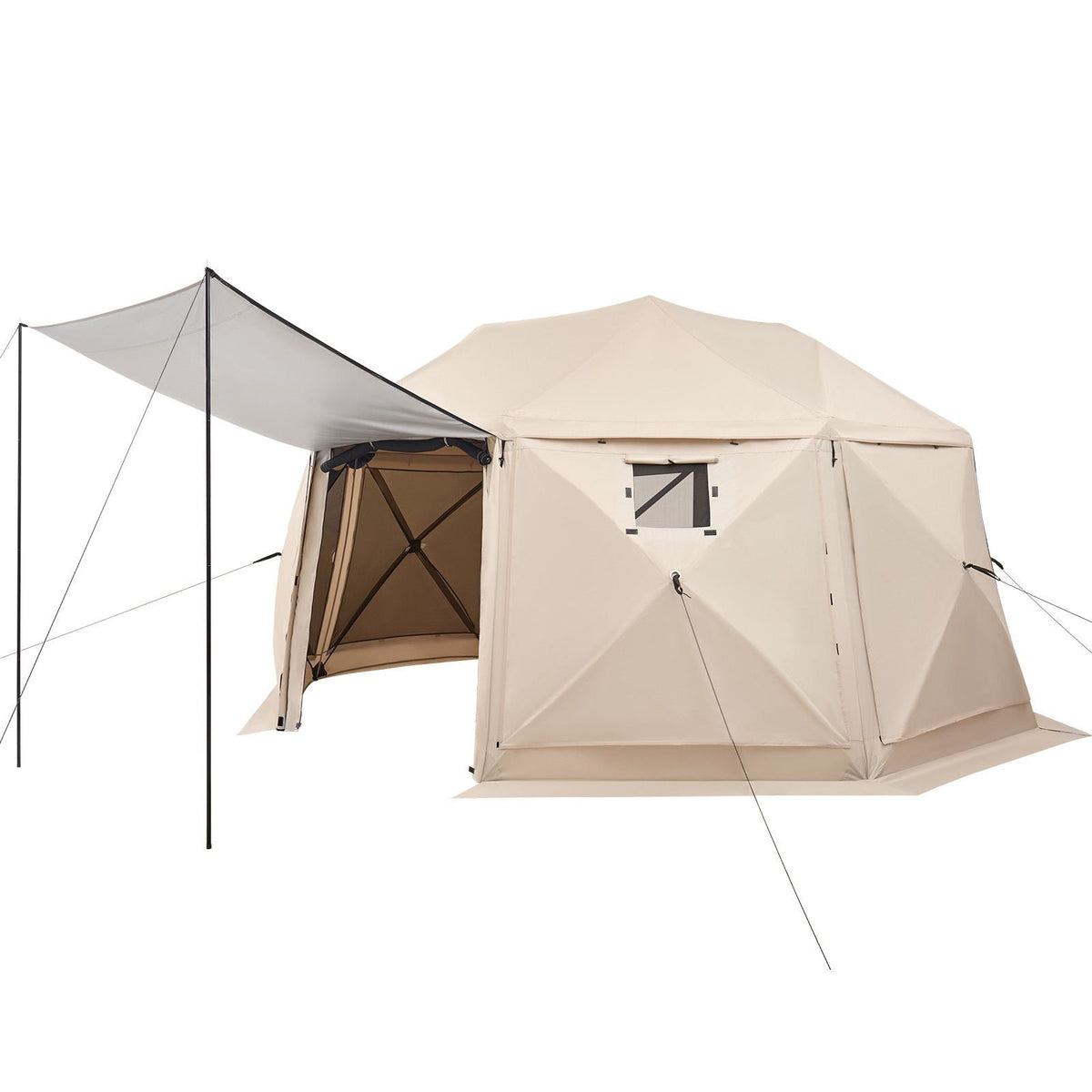 Pop up Gazebo Screen Tent, 15 x 15 ft, 13-Sided Spherical Camping Canopy Tent with Removable Top & Carry Bag, Quick-Set & Bite-Proof, Screen House Sun Shelter for 12-15 Persons, Beige