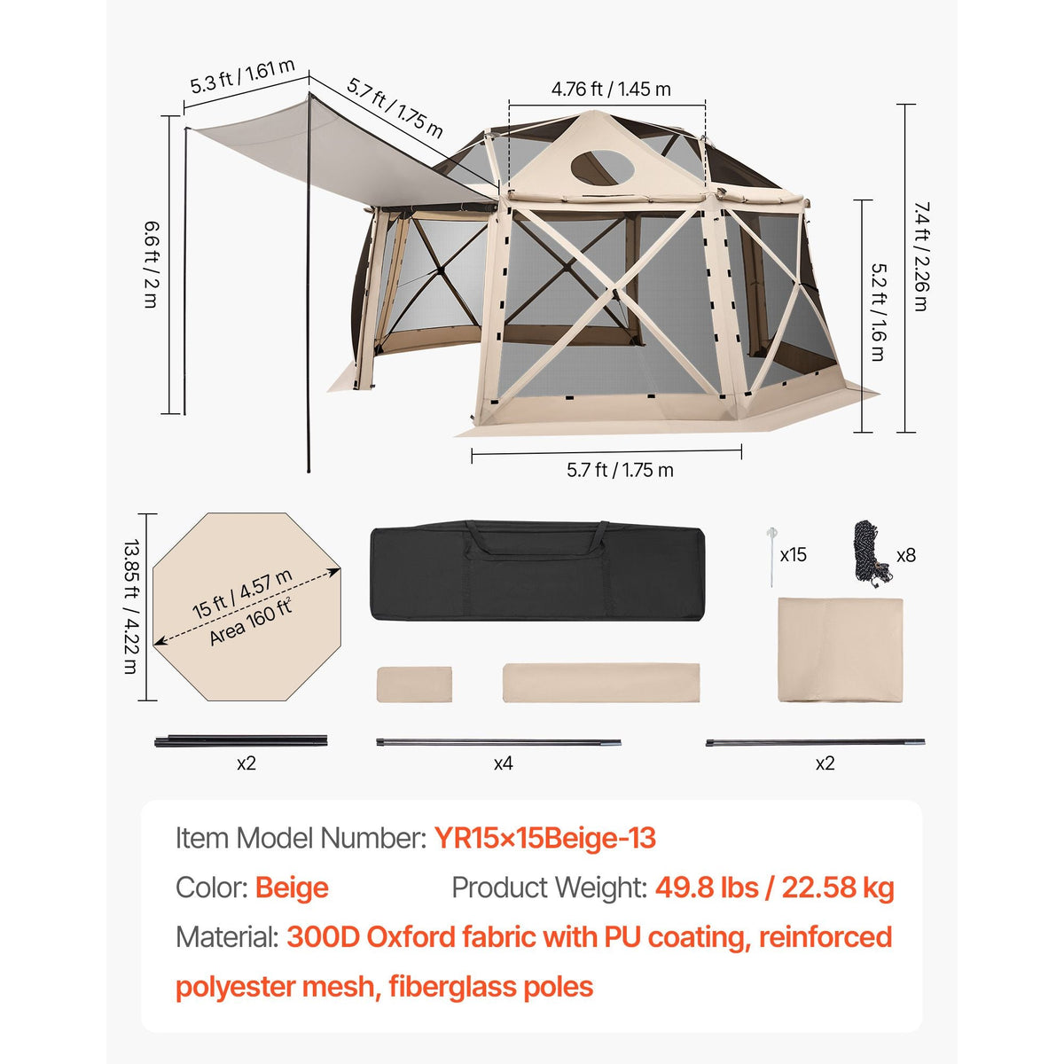Pop up Gazebo Screen Tent, 15 x 15 ft, 13-Sided Spherical Camping Canopy Tent with Removable Top & Carry Bag, Quick-Set & Bite-Proof, Screen House Sun Shelter for 12-15 Persons, Beige