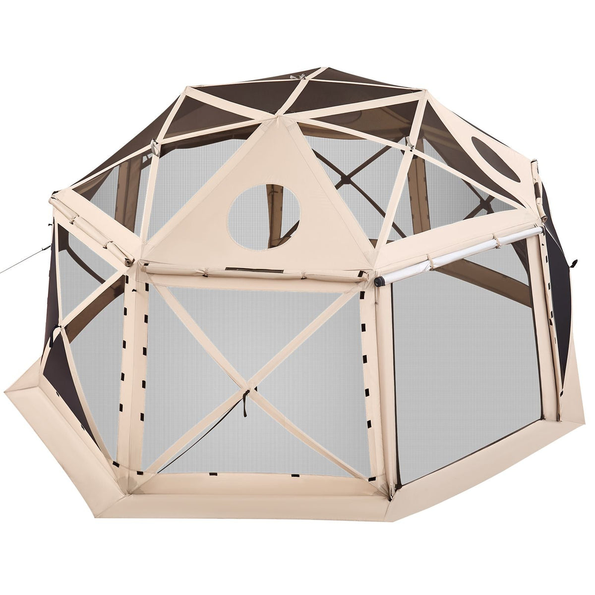 Pop up Gazebo Screen Tent, 15 x 15 ft, 13-Sided Spherical Camping Canopy Tent with Removable Top & Carry Bag, Quick-Set & Bite-Proof, Screen House Sun Shelter for 12-15 Persons, Beige