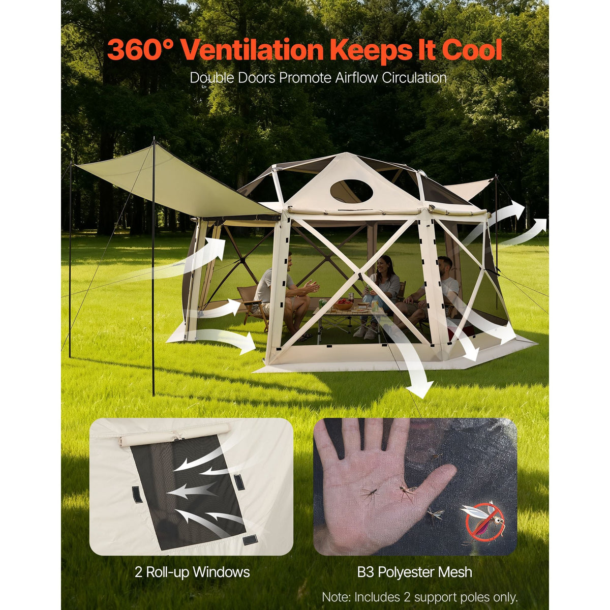 Pop up Gazebo Screen Tent, 15 x 15 ft, 13-Sided Spherical Camping Canopy Tent with Removable Top & Carry Bag, Quick-Set & Bite-Proof, Screen House Sun Shelter for 12-15 Persons, Beige