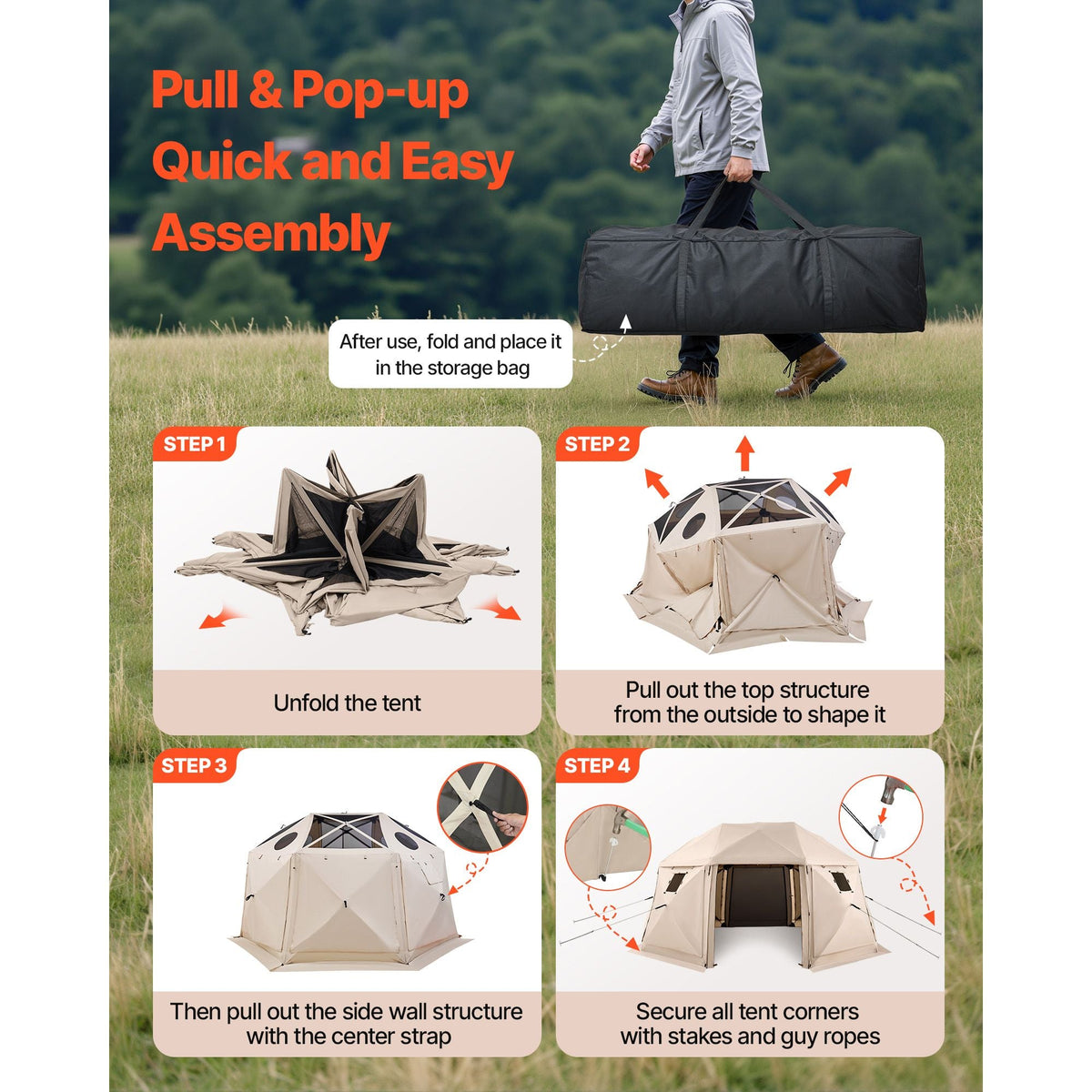 Pop up Gazebo Screen Tent, 15 x 15 ft, 13-Sided Spherical Camping Canopy Tent with Removable Top & Carry Bag, Quick-Set & Bite-Proof, Screen House Sun Shelter for 12-15 Persons, Beige