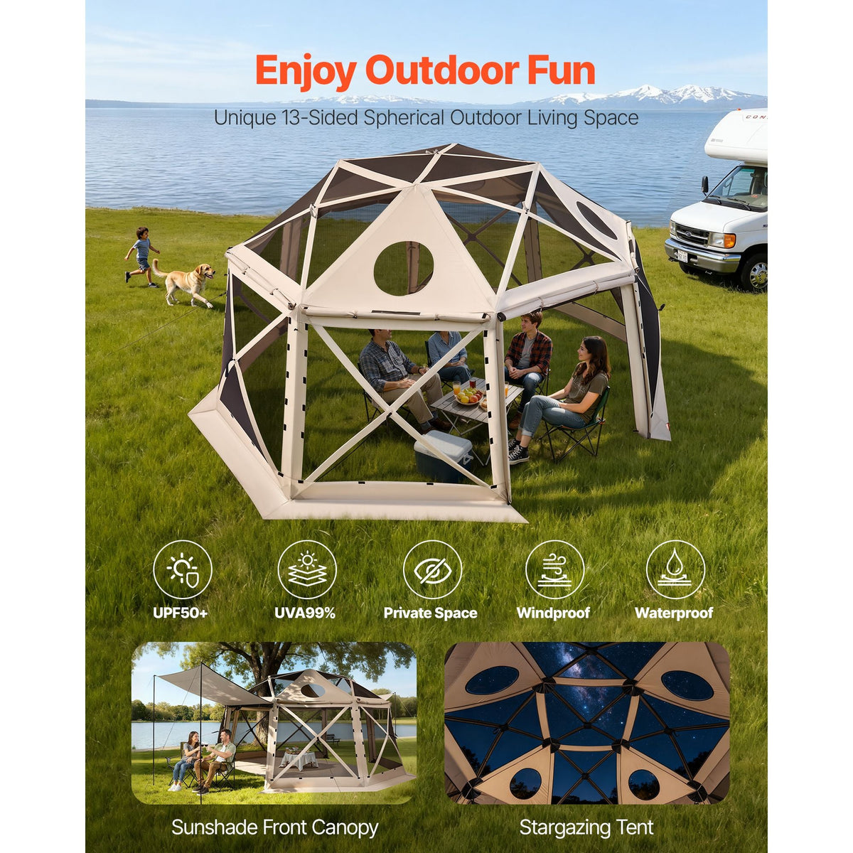 Pop up Gazebo Screen Tent, 15 x 15 ft, 13-Sided Spherical Camping Canopy Tent with Removable Top & Carry Bag, Quick-Set & Bite-Proof, Screen House Sun Shelter for 12-15 Persons, Beige