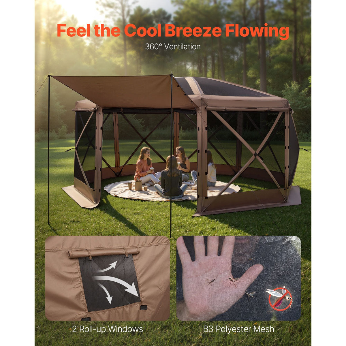 Pop up Gazebo Screen Tent, 15 x 15 ft Large 8-Sided Camping Canopy Tent with Removable Top & Carry Bag, Quick-Set & Bite-Proof, Screen House Sun Shelter for 12-15 Persons Backyard Patio, Brown