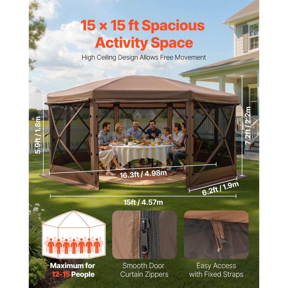 Pop up Gazebo Screen Tent, 15 x 15 ft Large 8-Sided Camping Canopy Tent with Removable Top & Carry Bag, Quick-Set & Bite-Proof, Screen House Sun Shelter for 12-15 Persons Backyard Patio, Brown