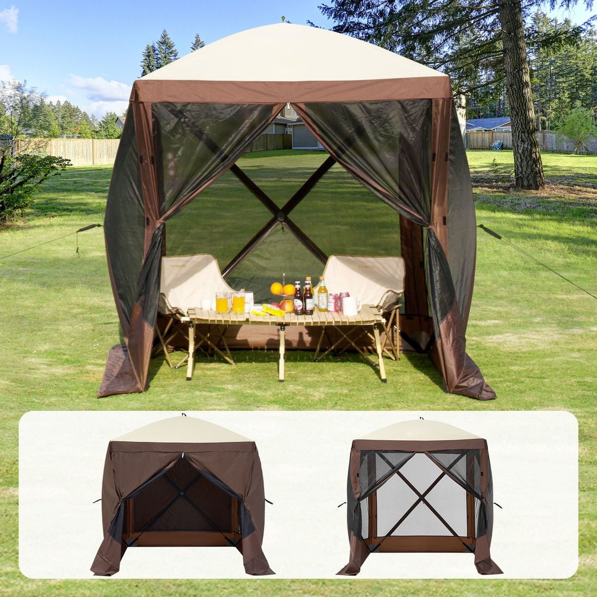 Pop Up Gazebo Tent, Pop-Up Screen Tent 4 Sided Canopy Sun Shelter with 4 Removable Privacy Wind Cloths & Mesh Windows, 6x6FT Quick Set Screen Tent with Mosquito Netting, Brown