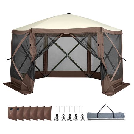 Pop Up Gazebo Tent, Pop-Up Screen Tent 6 Sided Canopy Sun Shelter with 6 Removable Privacy Wind Cloths & Mesh Windows, 11.5x11.5FT Quick Set Screen Tent with Mosquito Netting, Brown