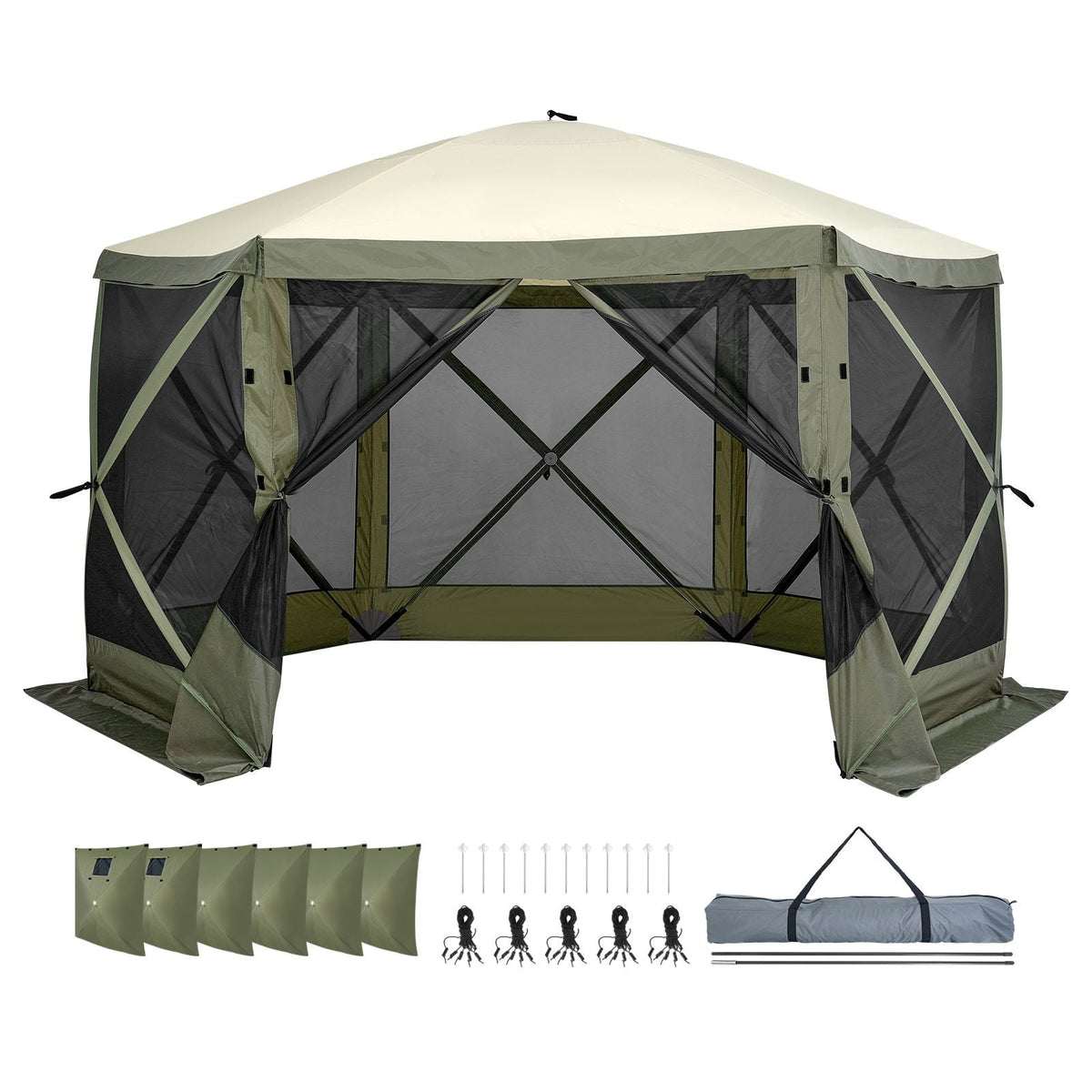 Pop Up Gazebo Tent, Pop-Up Screen Tent 6 Sided Canopy Sun Shelter with 6 Removable Privacy Wind Cloths & Mesh Windows, 12x12FT Quick Set Screen Tent with Mosquito Netting, Army Green