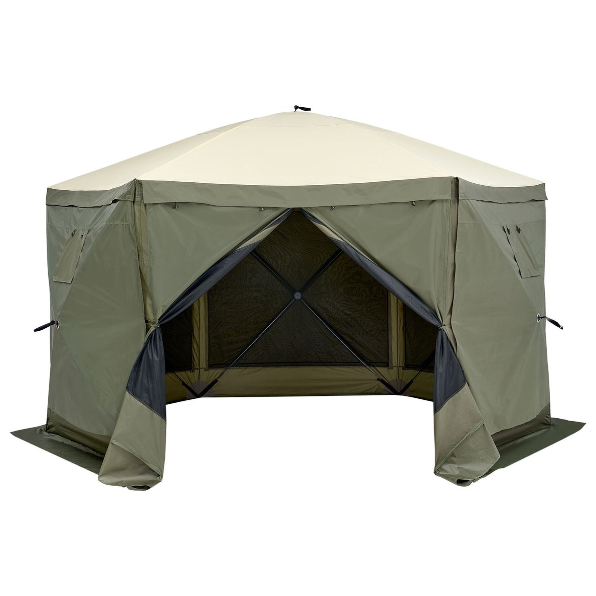 Pop Up Gazebo Tent, Pop-Up Screen Tent 6 Sided Canopy Sun Shelter with 6 Removable Privacy Wind Cloths & Mesh Windows, 12x12FT Quick Set Screen Tent with Mosquito Netting, Army Green