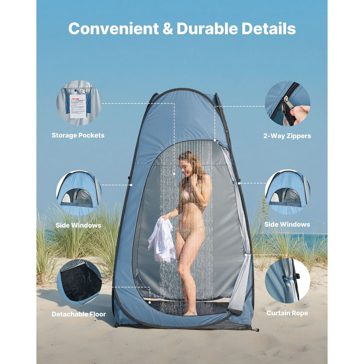 Pop up Shower Tent, Instant Portable Privacy Tent Changing Room with Ground Stakes, Ropes, and Carry Bag, 190T Polyester with Silver Coating, Quick Setup, for Camping, Beach, Fishing, Blue