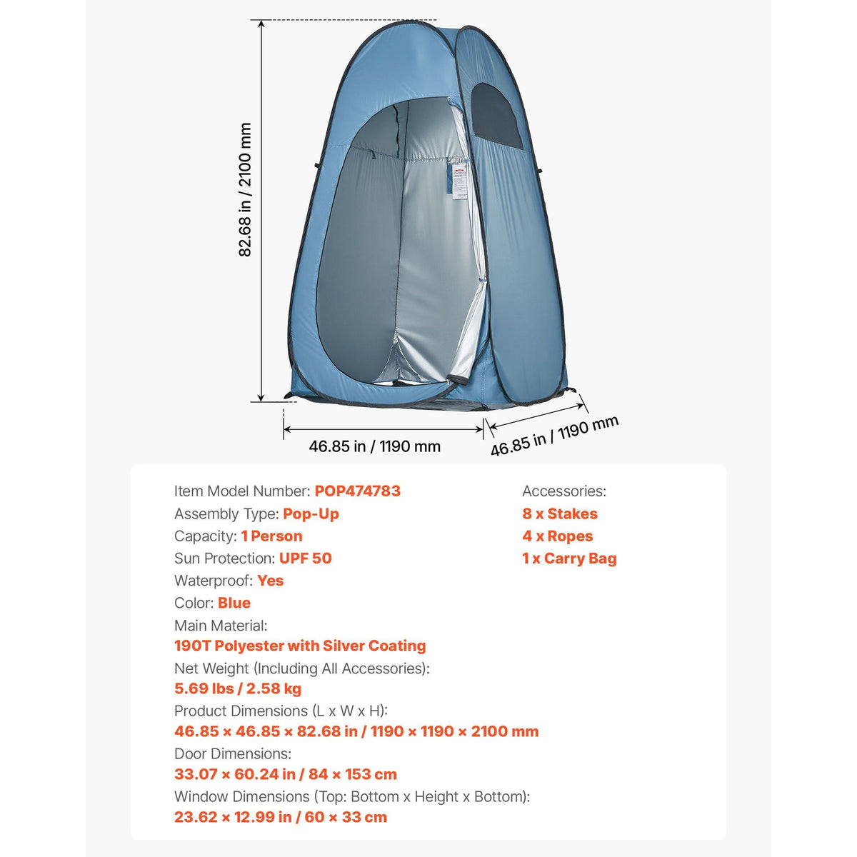 Pop up Shower Tent, Instant Portable Privacy Tent Changing Room with Ground Stakes, Ropes, and Carry Bag, 190T Polyester with Silver Coating, Quick Setup, for Camping, Beach, Fishing, Blue