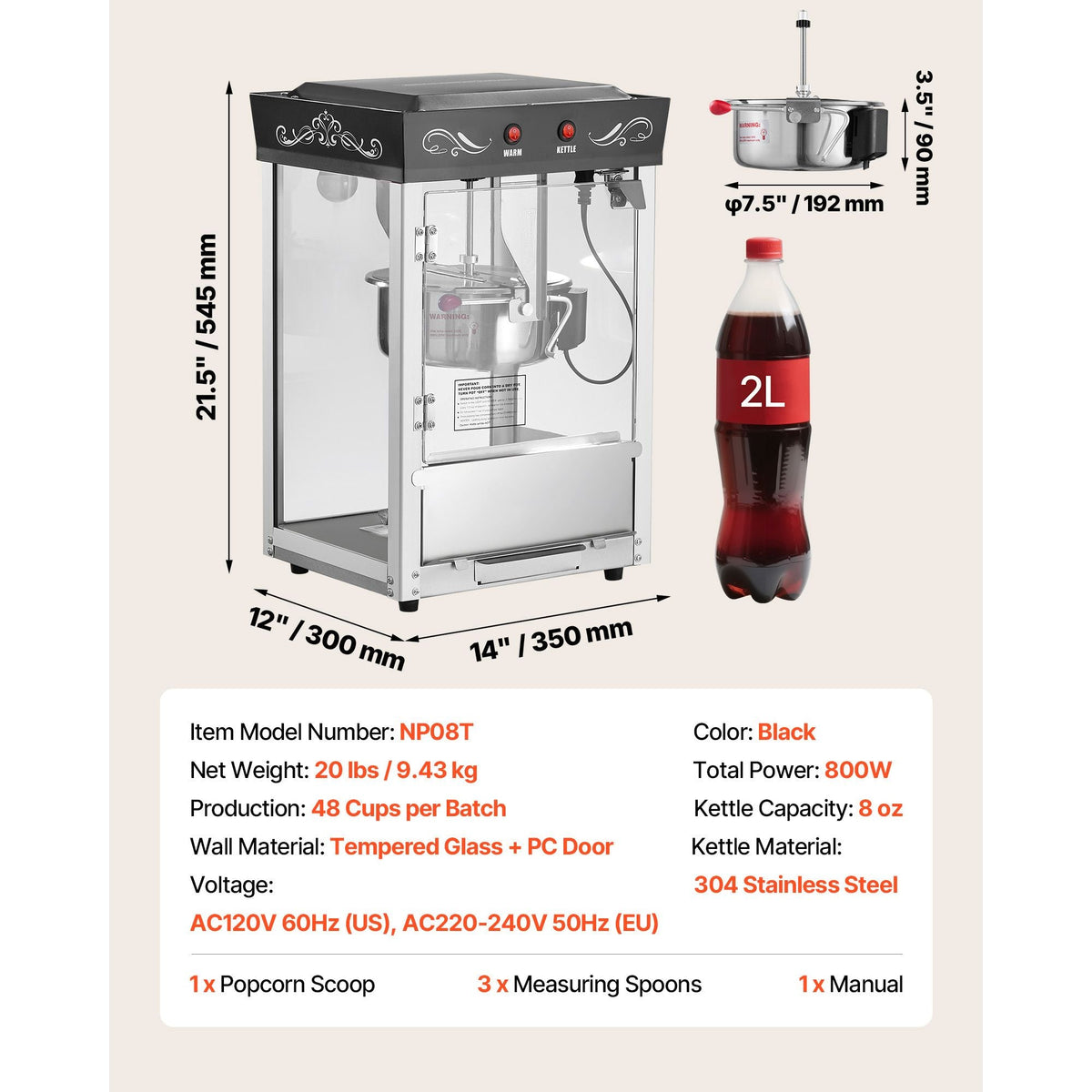 Popcorn Machine, 8oz Stainless Steel Kettle, 800W Commercial Countertop Popcorn Maker, 48 Cups per Batch Theater Style Popper, with 2-Button Control Glass Wall PC Door 1 Scoop 3 Spoons, Black