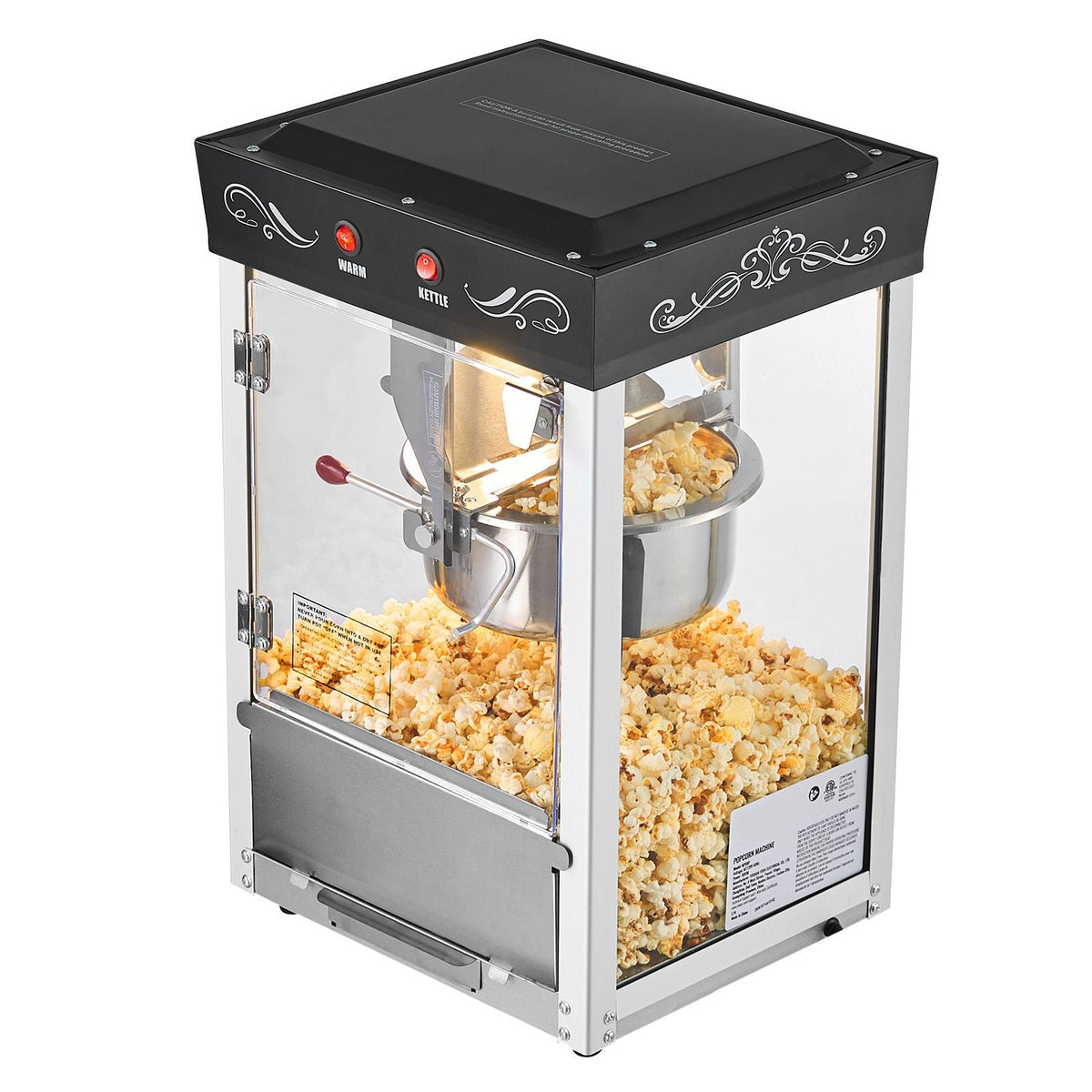 Popcorn Machine, 8oz Stainless Steel Kettle, 800W Commercial Countertop Popcorn Maker, 48 Cups per Batch Theater Style Popper, with 2-Button Control Glass Wall PC Door 1 Scoop 3 Spoons, Black