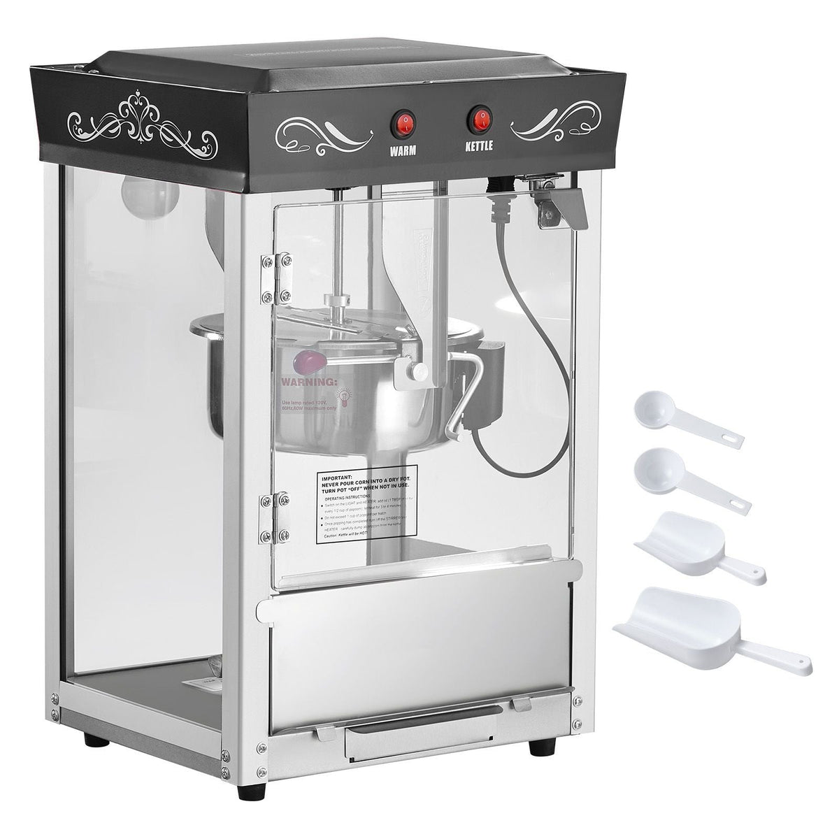 Popcorn Machine, 8oz Stainless Steel Kettle, 800W Commercial Countertop Popcorn Maker, 48 Cups per Batch Theater Style Popper, with 2-Button Control Glass Wall PC Door 1 Scoop 3 Spoons, Black
