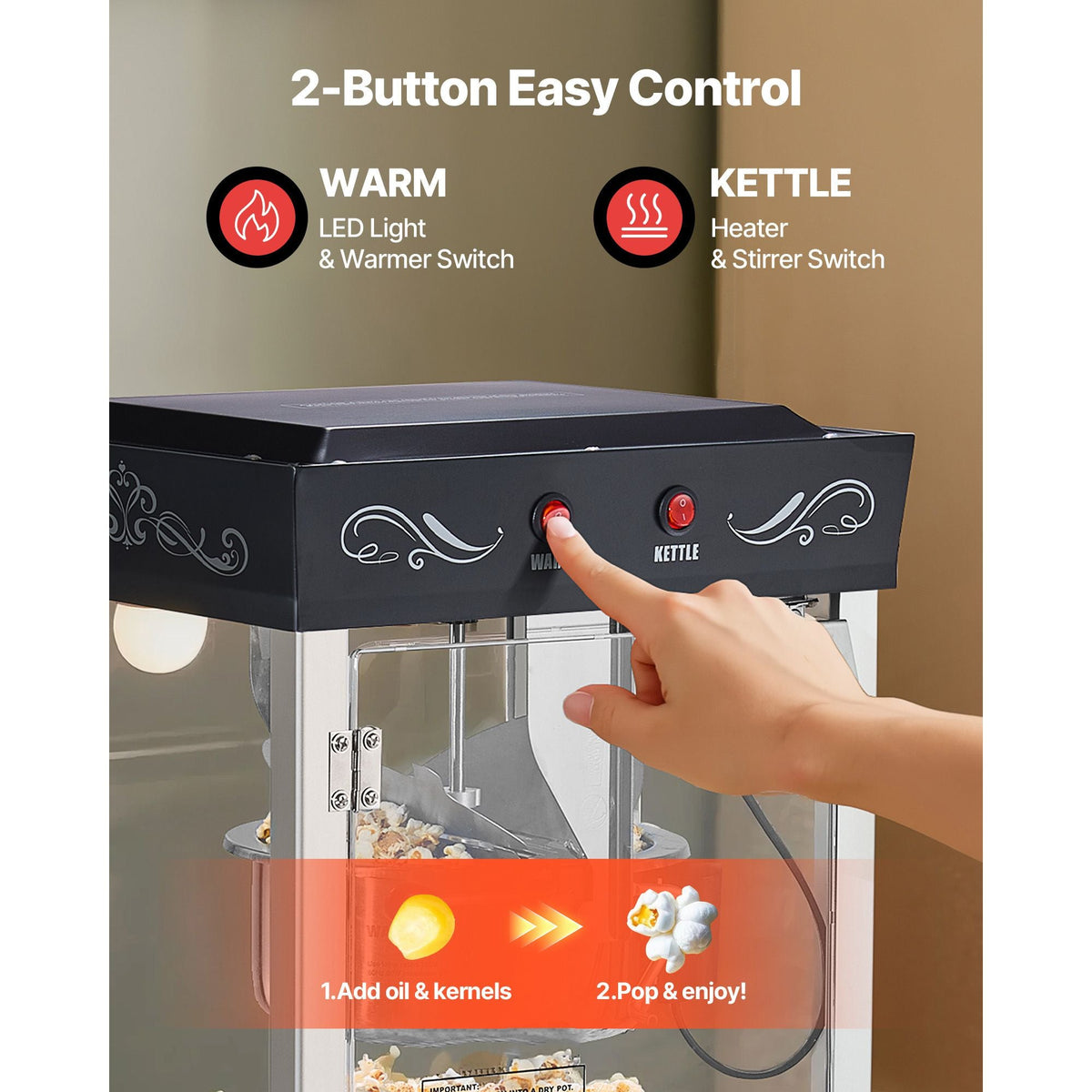 Popcorn Machine, 8oz Stainless Steel Kettle, 800W Commercial Countertop Popcorn Maker, 48 Cups per Batch Theater Style Popper, with 2-Button Control Glass Wall PC Door 1 Scoop 3 Spoons, Black