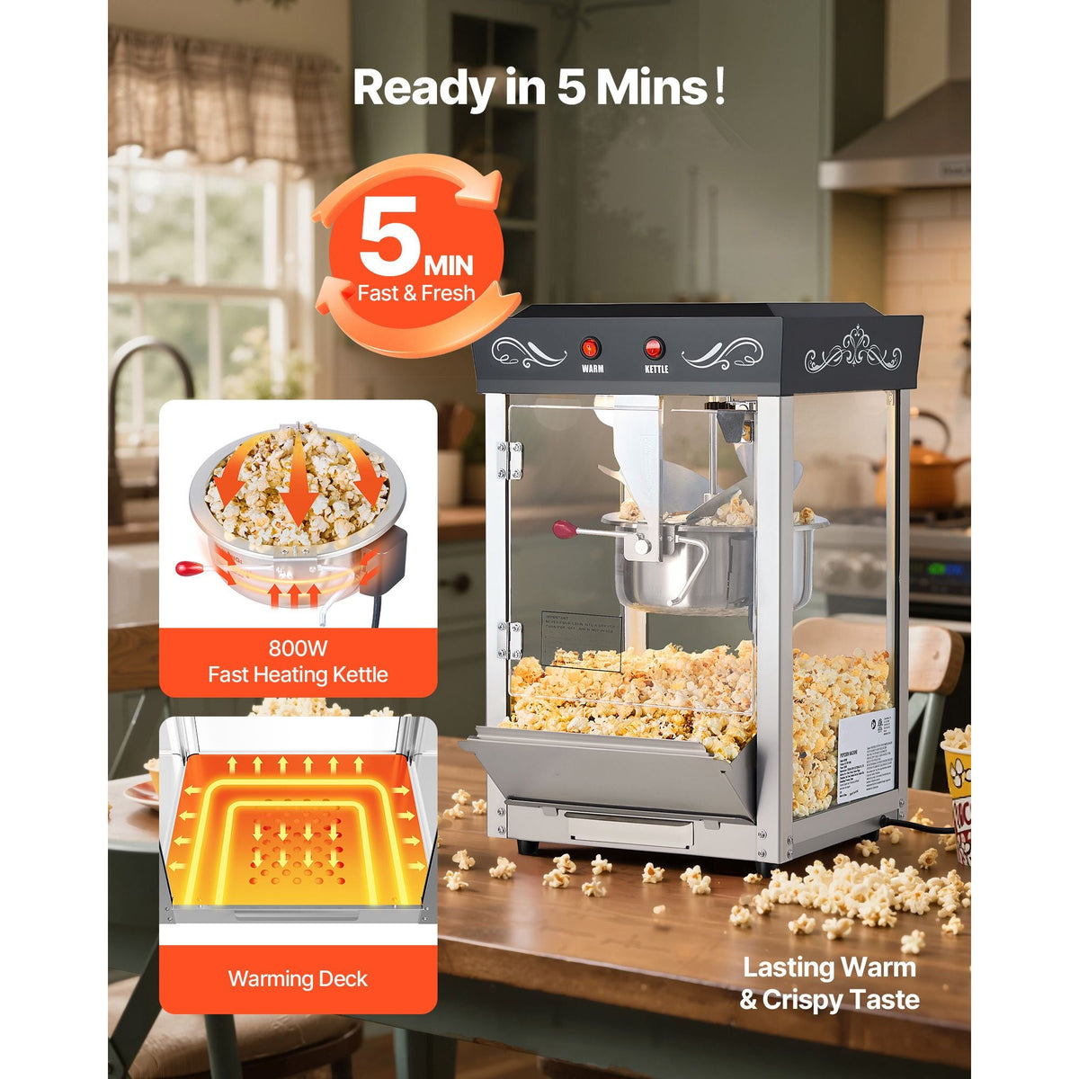 Popcorn Machine, 8oz Stainless Steel Kettle, 800W Commercial Countertop Popcorn Maker, 48 Cups per Batch Theater Style Popper, with 2-Button Control Glass Wall PC Door 1 Scoop 3 Spoons, Black
