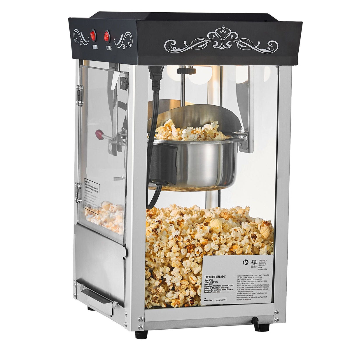Popcorn Machine, 8oz Stainless Steel Kettle, 800W Commercial Countertop Popcorn Maker, 48 Cups per Batch Theater Style Popper, with 2-Button Control Glass Wall PC Door 1 Scoop 3 Spoons, Black