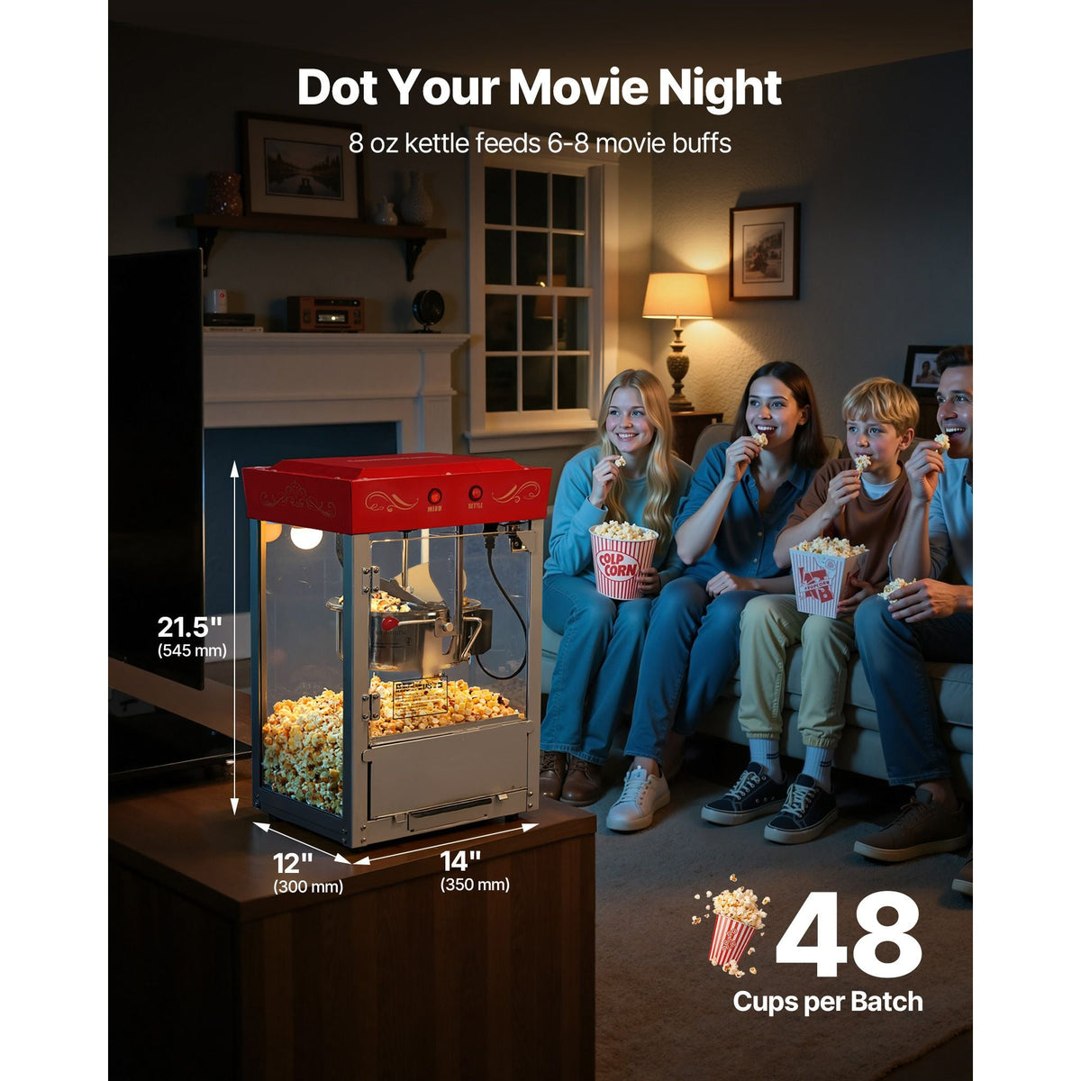 Popcorn Machine, 8oz Stainless Steel Kettle, 800W Commercial Countertop Popcorn Maker, 48 Cups per Batch Theater Style Popper, with 2-Button Control Glass Wall PC Door 1 Scoop 3 Spoons, Red