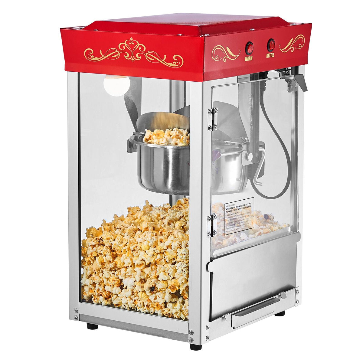 Popcorn Machine, 8oz Stainless Steel Kettle, 800W Commercial Countertop Popcorn Maker, 48 Cups per Batch Theater Style Popper, with 2-Button Control Glass Wall PC Door 1 Scoop 3 Spoons, Red