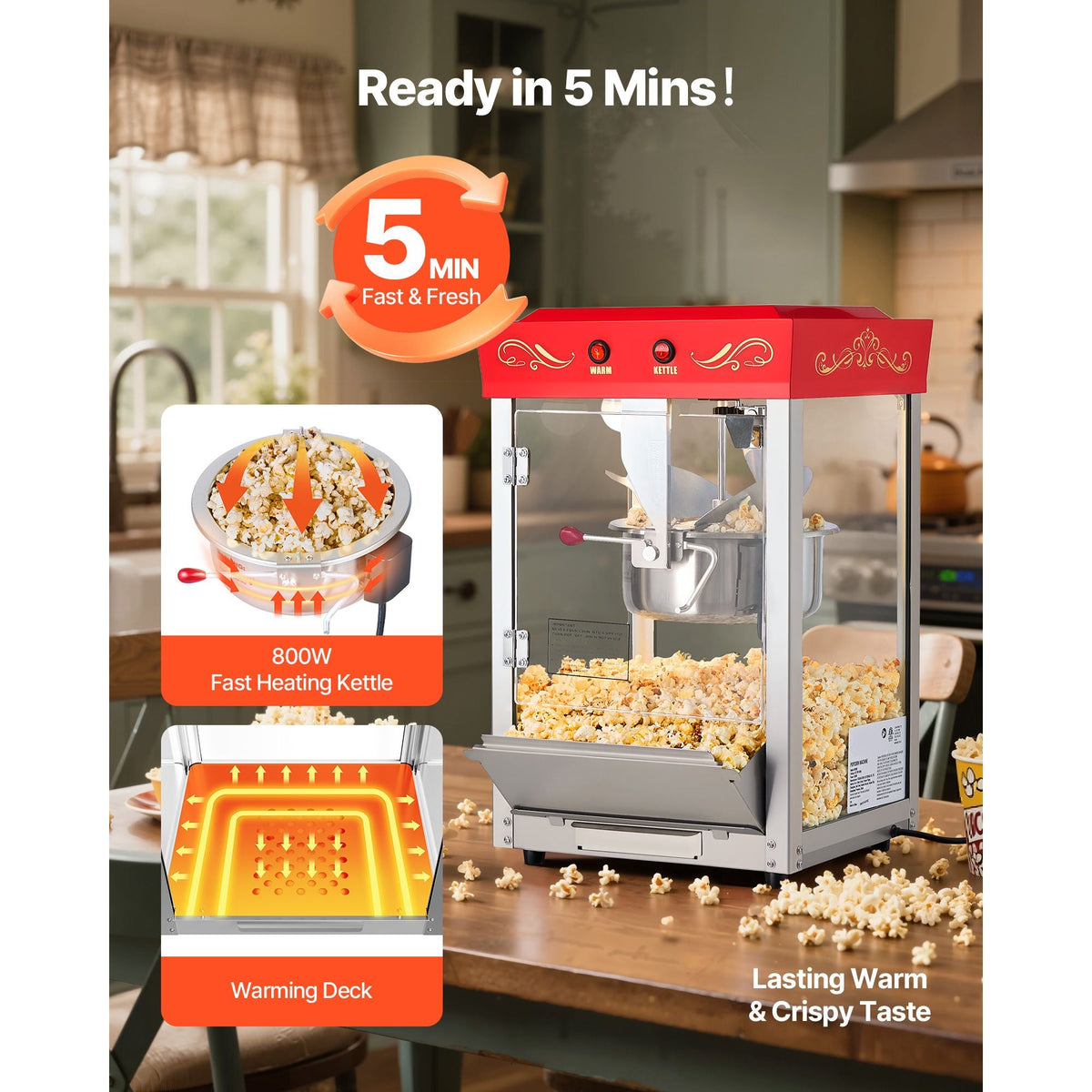 Popcorn Machine, 8oz Stainless Steel Kettle, 800W Commercial Countertop Popcorn Maker, 48 Cups per Batch Theater Style Popper, with 2-Button Control Glass Wall PC Door 1 Scoop 3 Spoons, Red