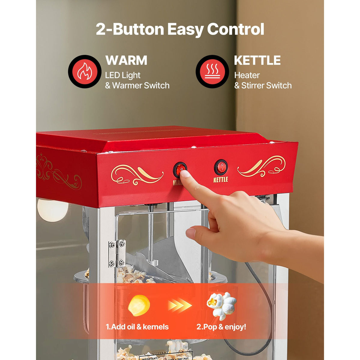 Popcorn Machine, 8oz Stainless Steel Kettle, 800W Commercial Countertop Popcorn Maker, 48 Cups per Batch Theater Style Popper, with 2-Button Control Glass Wall PC Door 1 Scoop 3 Spoons, Red