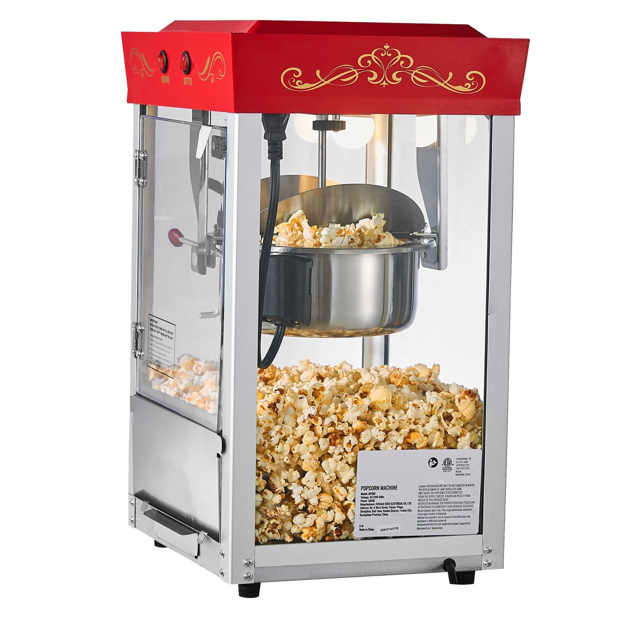 Popcorn Machine, 8oz Stainless Steel Kettle, 800W Commercial Countertop Popcorn Maker, 48 Cups per Batch Theater Style Popper, with 2-Button Control Glass Wall PC Door 1 Scoop 3 Spoons, Red